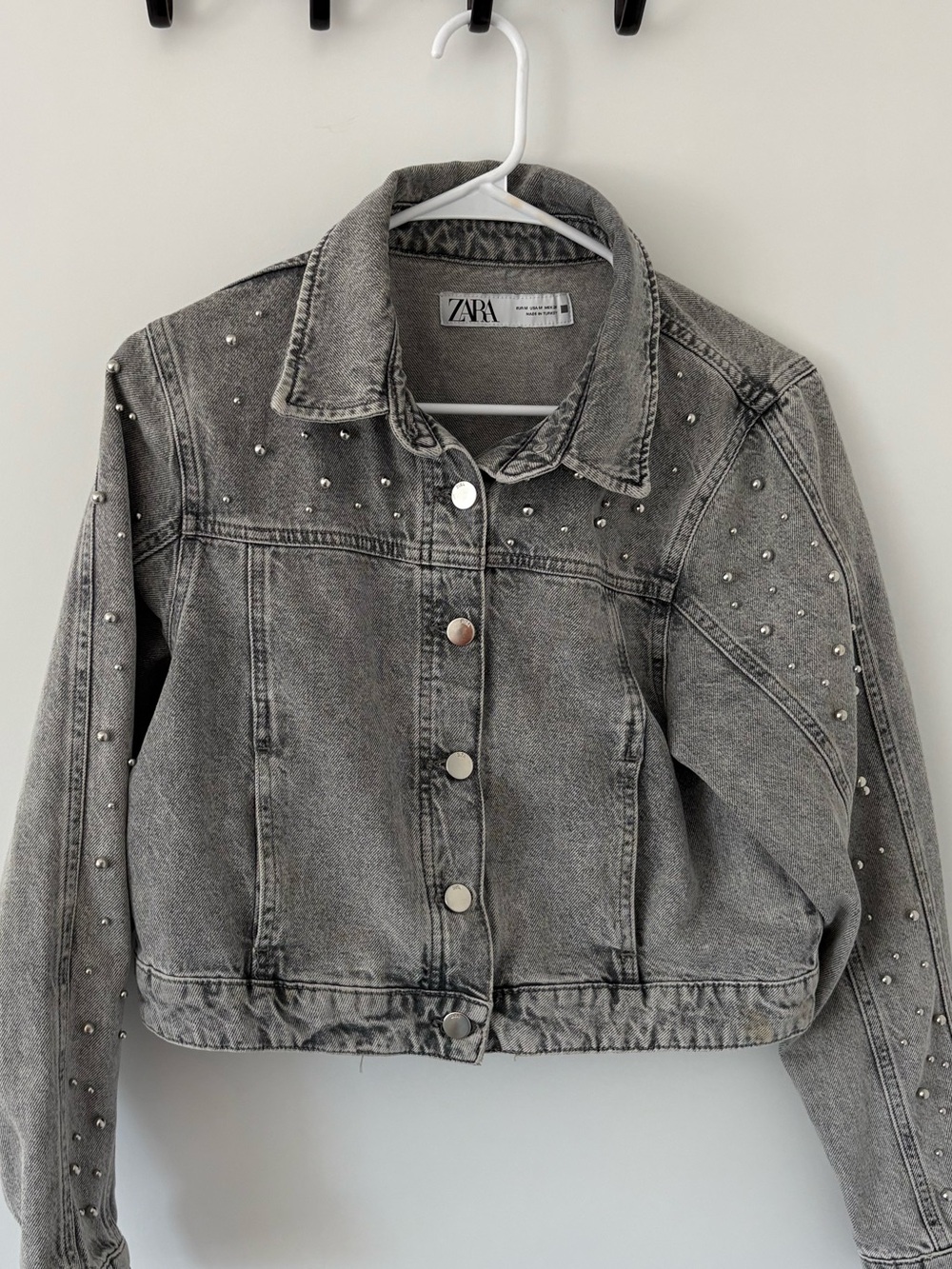 Zara Gray Studded Cropped Denim Jacket